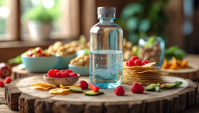 Water bottle and healthy snacks on wooden log table - Healthy Lifestyle showcasing simple nutritious essentials arranged neatly to inspire balanced outdoor habits