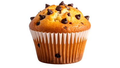 Delicious chocolate chip muffin in white paper liner