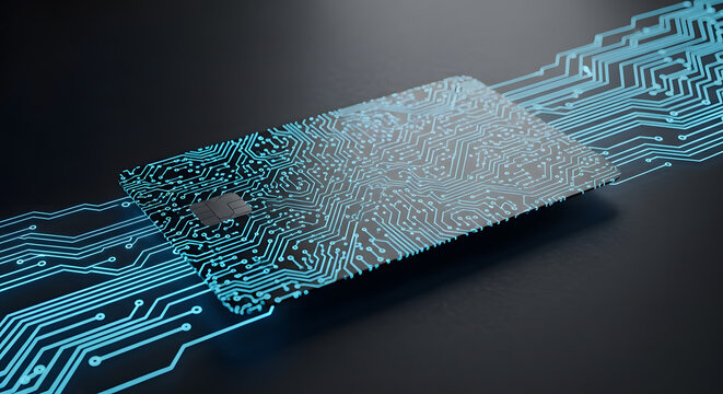 Cutting-edge digital payment card with advanced circuit board design, illustrating the future of secure electronic transactions and data-driven financial technology