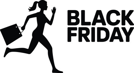 Black Friday sale concept with running woman silhouette holding shopping bag and bold text