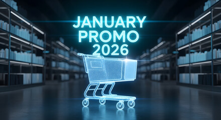 A glowing blue wireframe shopping trolley inside a digital warehouse aisle, illustrating the future of e-commerce and online sales promotions