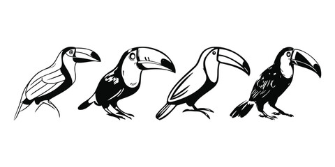 Naklejka premium Set of Toucan Black and White Silhouette Isolated Vector Art Graphic