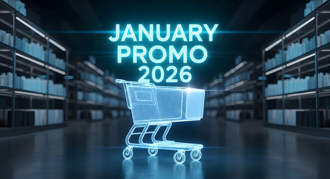 A glowing blue wireframe shopping trolley inside a digital warehouse aisle, illustrating the future of e-commerce and online sales promotions