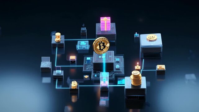 Digital Cryptocurrency Transactions and Blockchain Technology Visualized with Virtual Coins and Data Nodes