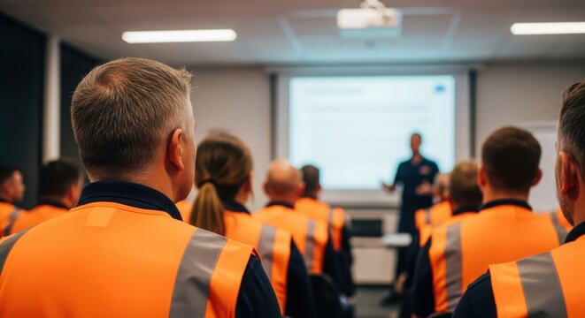Construction workers in safety vests attentively participating in a training session