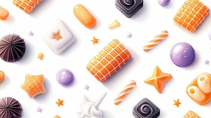 A playful and vibrant collection of assorted candies, including chocolates, gummies, and hard candies, arranged randomly on a clean white surface.