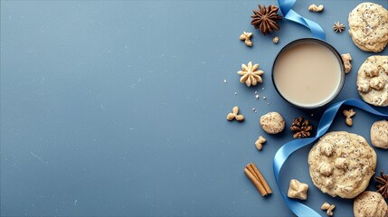 A variety of cookies, a glass of milk, cinnamon sticks, and star anise are artfully arranged on a blue surface, creating a festive and inviting scene.