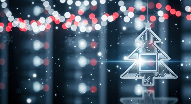 Digital Christmas Tree Ornament with Circuit Board Design Hanging Amidst Festive Bokeh Lights and Falling Snowflakes, Blending Technology with Holiday Spirit