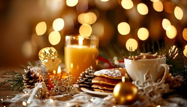 Festive christmas breakfast table decorated with pancakes, coffee, and orange juice delight - Powered by Adobe
