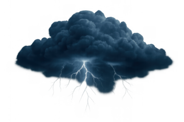 Dark storm cloud with lightning bolts striking, signifying powerful weather and electricity on transparent background