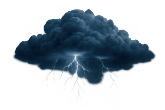 Dark storm cloud with lightning bolts striking, signifying powerful weather and electricity on transparent background