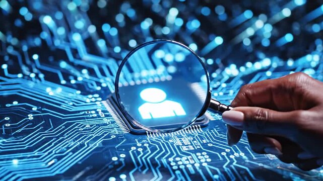 A person icon is magnified on a circuit board, hand holding the lens