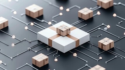 Cardboard boxes are arranged on a dark surface with a network of metallic lines and glowing nodes, representing a digital supply chain.
