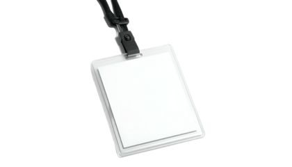Blank, white ID badge with lanyard on black