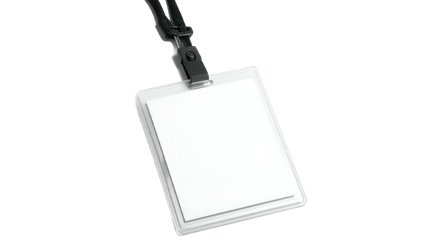 Blank, white ID badge with lanyard on black