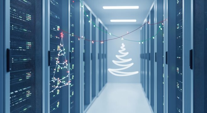 Festive Christmas decorations illuminate a modern data center server room, featuring glowing holiday lights and a digital Christmas tree on server racks. - Powered by Adobe