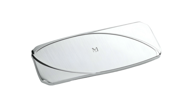 Sleek, silver oblong object with a subtle curve, glossy