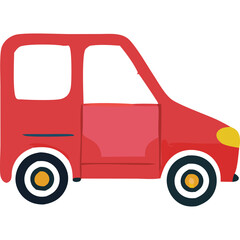 Red Compact Automobile With Dark Wheels And Yellow Headlight On Transparent Background