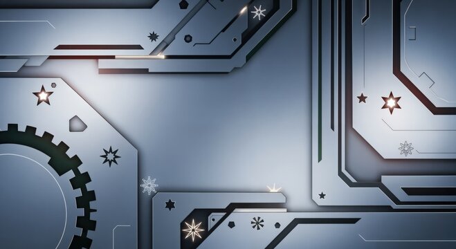 Sleek Futuristic Metallic Background with Geometric Shapes, Glowing Stars, and Snowflakes, Blending Technology with Winter Holiday Aesthetics - Powered by Adobe