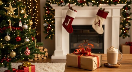 Cozy Christmas living room scene featuring a beautifully decorated tree, a festive fireplace with stockings and garland, wrapped presents, and a warm beverage.