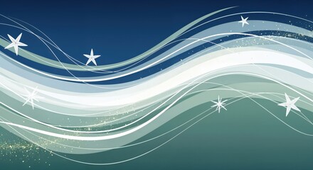 Dynamic flowing lines and shimmering stars create a serene and modern abstract backdrop in cool blue and green hues.