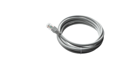 Naklejka premium Coiled gray ethernet cable with RJ45 connector on dark ground