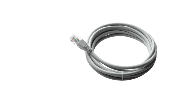 Coiled gray ethernet cable with RJ45 connector on dark ground