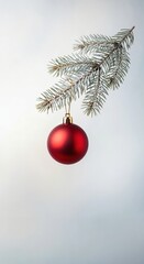 Red Christmas ornament hanging from a pine branch against a clean white background, symbolizing holiday season and festive decoration.