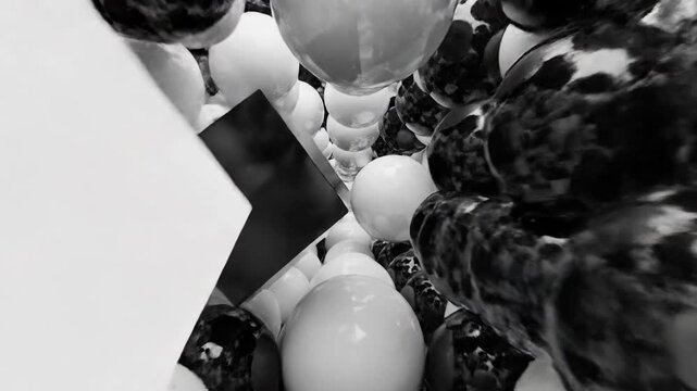 Black and White Balloon Tunnel with Floating Cubes.