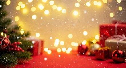 Festive Christmas background with sparkling golden bokeh lights, falling snow, decorated tree branch, and gift boxes on a vibrant red surface.