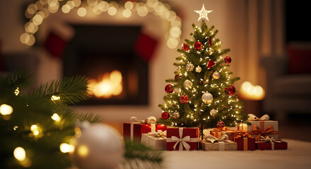 Celebrate Christmas joy with a beautifully decorated tree and presents near a cozy fireplace