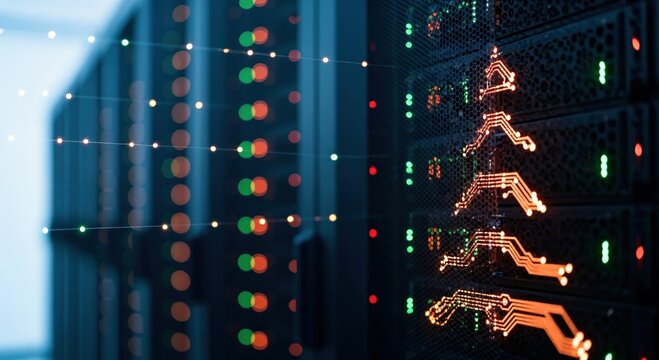 Festive Circuit Board Christmas Tree on Server Racks in a Data Center with Blinking Network Lights and Bokeh Effect