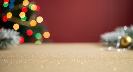 Sparkling golden glitter table with blurred festive Christmas tree lights and holiday decorations on a red background, perfect for product display or text.