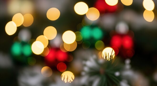 Festive abstract background with sparkling golden, red, and green bokeh lights from a decorated Christmas tree, creating a magical holiday atmosphere. - Powered by Adobe