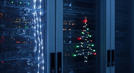 Holiday season in a data center with glowing Christmas tree lights on server racks, symbolizing festive technology.