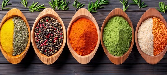 Vibrant spices displayed in wooden bowls against a rustic background for food photography