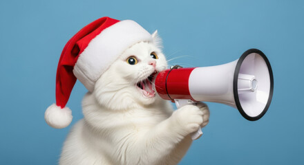 Cute white cat wearing santa hat shouting through megaphone