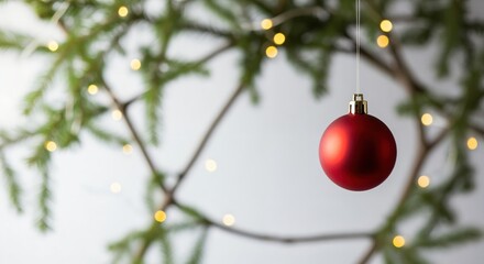 Festive Red Christmas Ornament Hanging from a Green Fir Branch with Warm Holiday Lights and Bokeh Effect
