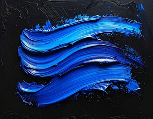 Bold strokes of brilliant blue oil paint create dynamic, layered waves against a textured black background