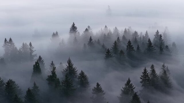 Thick morning fog drifts through a scenic, forested Pacific Northwest landscape near Portland, Oregon. Fog and mist forms when moist air cools to its dew point, causing water vapor to condense.
