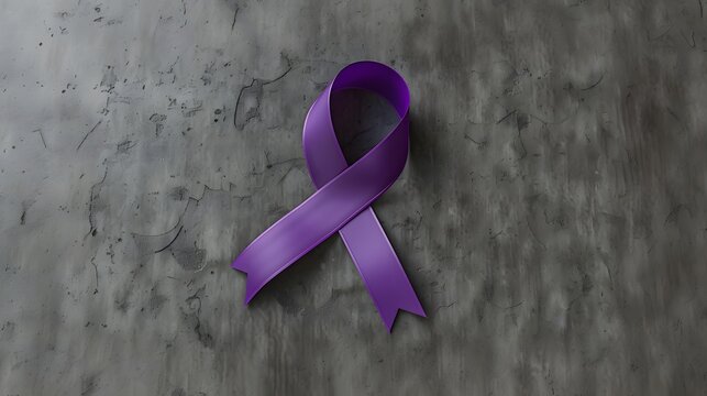 Purple awareness ribbon placed on textured surface symbolizing pancreatic cancer support. Health concept