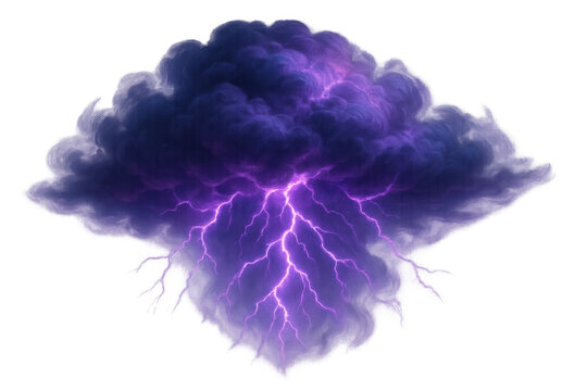 Dark thundercloud generating powerful purple lightning bolts with energy discharge, storm weather on transparent background