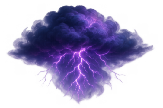 Dark thundercloud generating powerful purple lightning bolts with energy discharge, storm weather on transparent background