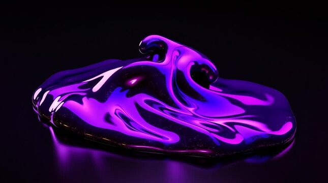 a metallic neon purple slime form bouncing with high viscosity on a black reflective base, extremely realistic
