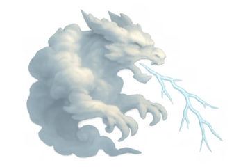 Dragon shaped cloud exhaling lightning, representing power, elemental forces, and mythical fantasy on a transparent background