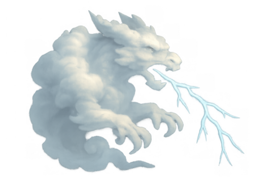 Dragon shaped cloud exhaling lightning, representing power, elemental forces, and mythical fantasy on a transparent background