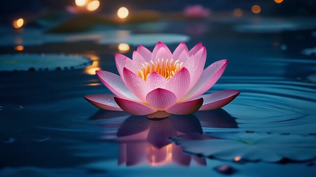 Anamorphic video A shimmering pink lotus flower with delicate petals, floating relaxed in a calming scene of deep azure water at dusk