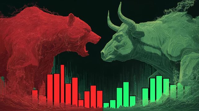 Digital Red Bear Facing Green Bull in Abstract Stock Market Animation