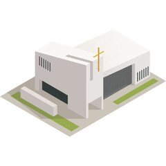 Modern White Church Building With Golden Cross On Roof Isometric View Detailed With Minimalist Architecture And Green Landscaping On Transparent Background