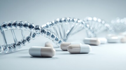 Genetic Medicine Concept: Glass DNA helix structure and pharmaceutical capsules on clean laboratory background
